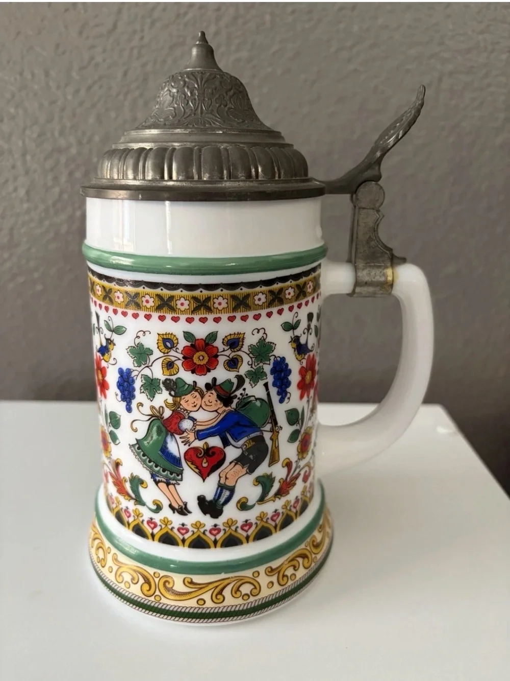 Vintage German BMF Lover’s Floral Milk Glass Beer Stein